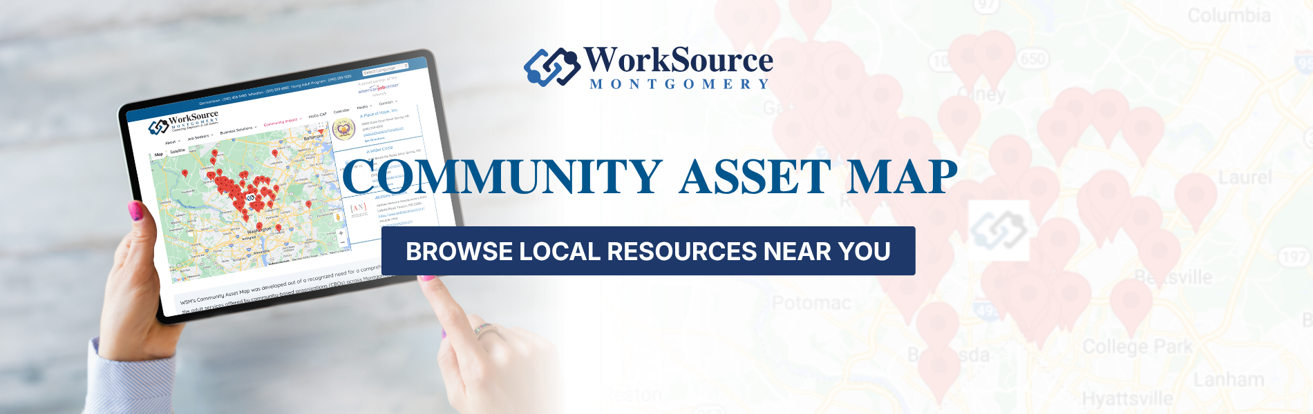 WorkSource Montgomery Community Asset Map promotional banner showing a tablet displaying a map of local resources with location markers. Text reads: "Community Asset Map" and "Browse Local Resources Near You."