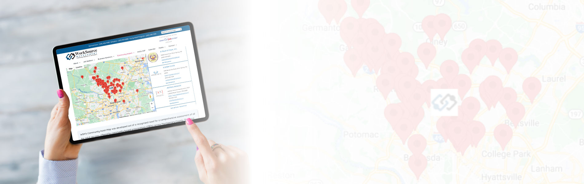 A tablet with person click on Community Asset Map and a lighter version of the community asset map in the background
