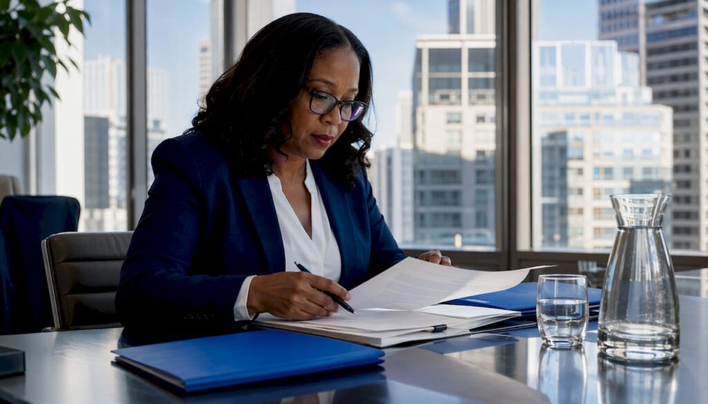 Woman reviewing labor trafficking legal documents