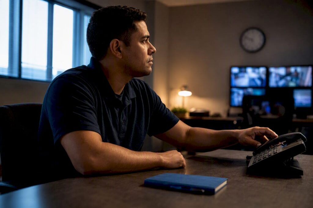 On-call employee waiting beside workplace phone