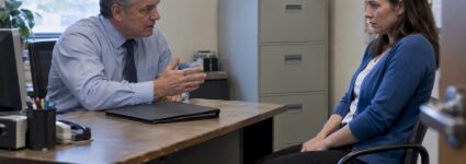 Uncomfortable employee facing a supervisor at work
